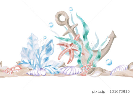 A seamless border featuring a ship's anchor and seaweed. Isolated watercolor illustration of underwater creatures for children's interior design, party areas, playrooms, and swimming pools. A seamless border featuring a ship's anchor and seaweed. Isolated watercolor illustration of underwater creatures for children's interior design, party areas, playrooms, and swimming pools. 131673930