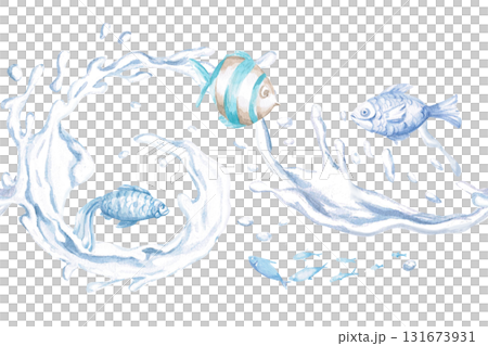 A seamless border featuring fish playing on the waves. Isolated watercolor illustration of sea creatures for children's interior design, party areas, playrooms, and swimming pools. 131673931