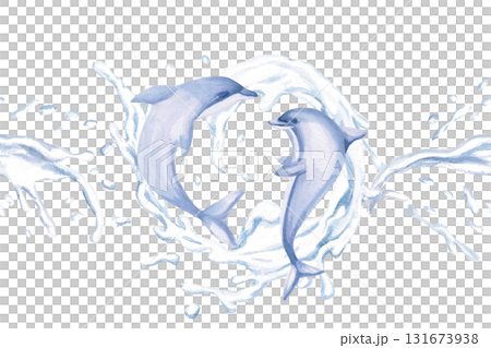 A seamless border featuring cheerful dolphins on the waves. Isolated watercolor illustrations of sea creatures for children's interior design, party areas, playrooms, and swimming pools. A seamless border featuring cheerful dolphins on the waves. Isolated watercolor illustrations of sea creatures for children's interior design, party areas, playrooms, and swimming pools. 131673938