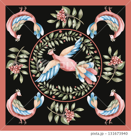 A square composition with fairytale birds and rowan branches on a black background. Isolated watercolor illustration in a folk style for interior design, home textiles, scarves, clothing, and pillows. 131673940