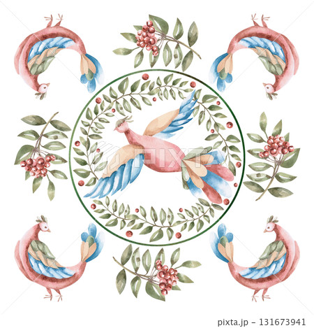 A square composition with fairytale birds and rowan branches. An isolated watercolor illustration in a folk style for interior design, home textiles, scarves, clothing, and pillows. 131673941