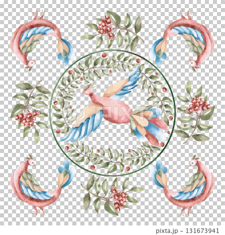 A square composition with fairytale birds and rowan branches. An isolated watercolor illustration in a folk style for interior design, home textiles, scarves, clothing, and pillows. A square composition with fairytale birds and rowan branches. An isolated watercolor illustration in a folk style for interior design, home textiles, scarves, clothing, and pillows. 131673941