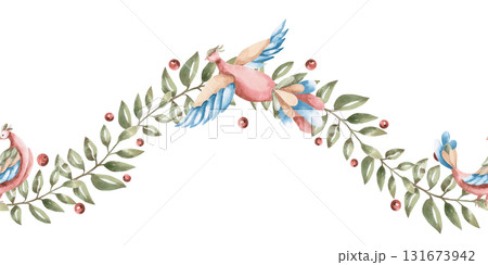 A seamless border with fairytale birds and branches. Isolated watercolor illustration in a folk style for interior design, home textiles, scarves, clothing, and kitchen accessories. A seamless border with fairytale birds and branches. Isolated watercolor illustration in a folk style for interior design, home textiles, scarves, clothing, and kitchen accessories. 131673942