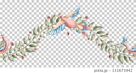A seamless border with fairytale birds and branches. Isolated watercolor illustration in a folk style for interior design, home textiles, scarves, clothing, and kitchen accessories. A seamless border with fairytale birds and branches. Isolated watercolor illustration in a folk style for interior design, home textiles, scarves, clothing, and kitchen accessories. 131673942
