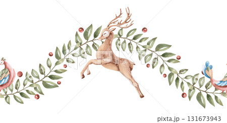 A seamless border with a running deer, birds, and branches. Isolated watercolor illustration in a folk style for interior design, home textiles, scarves, clothing, and kitchen accessories. 131673943