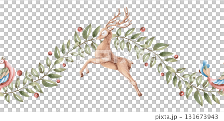 A seamless border with a running deer, birds, and branches. Isolated watercolor illustration in a folk style for interior design, home textiles, scarves, clothing, and kitchen accessories. 131673943