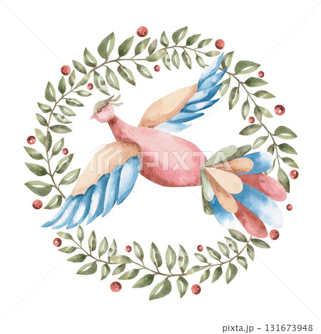 A fairytale bird in a round frame. Isolated watercolor illustration of a fantasy character for children's interiors, playrooms, home textiles, scarves, and clothing. 131673948