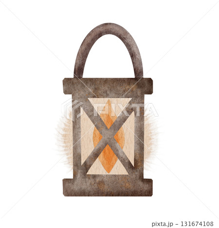 Watercolor Halloween lantern with candle light. Hand painted rustic lantern isolated on white. Great for Halloween, autumn decor, greeting card, or seasonal invitation. 131674108