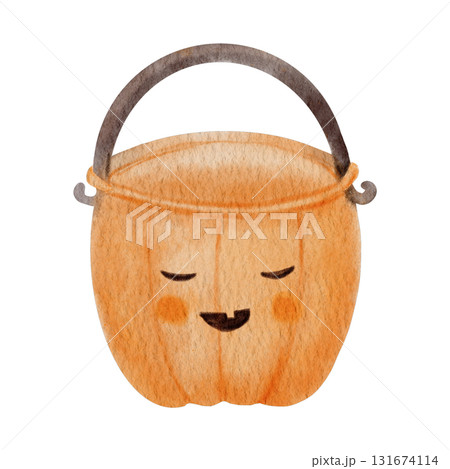 Watercolor Halloween pumpkin bucket for candy. Hand painted orange jack o lantern container isolated on white, perfect for trick or treat design, card, or invitation. 131674114