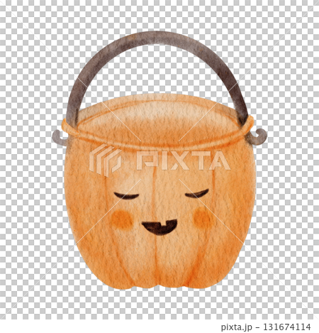 Watercolor Halloween pumpkin bucket for candy. Hand painted orange jack o lantern container isolated on white, perfect for trick or treat design, card, or invitation. 131674114