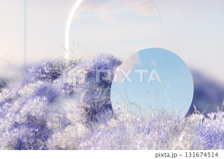 Abstract winter landscape scene with a mirror reflecting the sky. 3d rendering 131674514