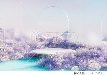 Abstract winter landscape scene with a podium for product display. 3d rendering Abstract winter landscape scene with a podium for product display. 3d rendering 131674516