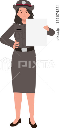 woman police officer in thai uniform presenting blank paper for message or announcement concept 131674884