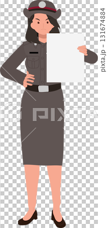 woman police officer in thai uniform presenting blank paper for message or announcement concept 131674884