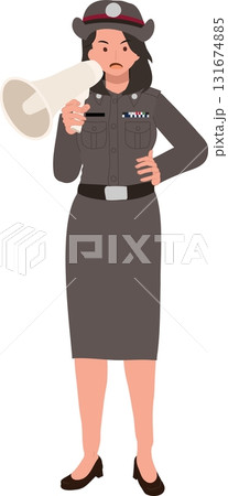 woman police officer character in uniform using megaphone for public announcement and law enforcement 131674885