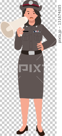 woman police officer character in uniform using megaphone for public announcement and law enforcement woman police officer character in uniform using megaphone for public announcement and law enforcement 131674885