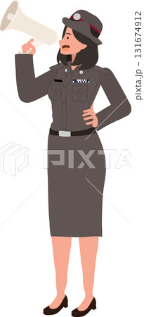 female police officer using megaphone announcing public message for awareness and law enforcement concept female police officer using megaphone announcing public message for awareness and law enforcement concept 131674912