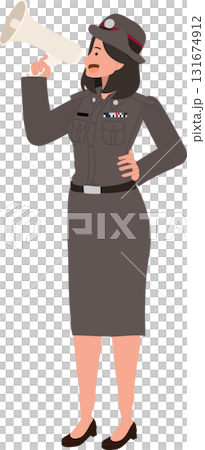 female police officer using megaphone announcing public message for awareness and law enforcement concept female police officer using megaphone announcing public message for awareness and law enforcement concept 131674912