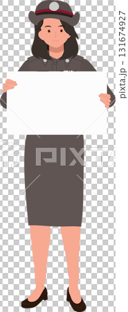 Thai policewoman in official uniform holding empty signboard, ideal for education, public service, or law enforcement concepts Thai policewoman in official uniform holding empty signboard, ideal for education, public service, or law enforcement concepts 131674927