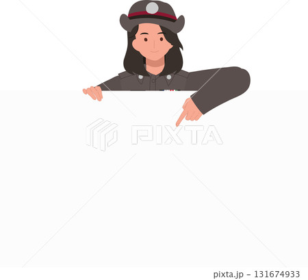 cartoon thai policewoman in brown uniform pointing down at empty white board vector for law enforcement design templates 131674933