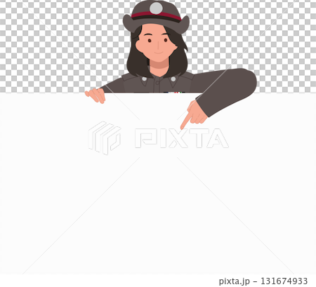 cartoon thai policewoman in brown uniform pointing down at empty white board vector for law enforcement design templates 131674933