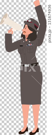 female officer shouting megaphone leadership public communication city safety law enforcement duty female officer shouting megaphone leadership public communication city safety law enforcement duty 131674936