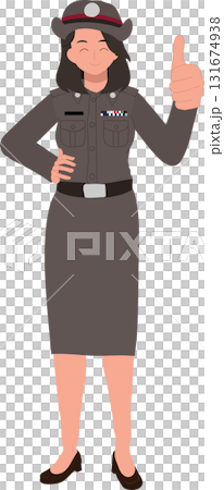 a female Thai police officer in uniform giving a thumbs up 131674938