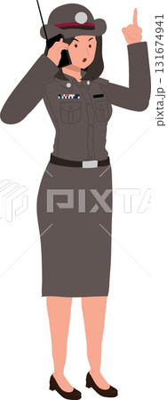 a Thai female police officer using a radio and raising her finger. police officer talking on walkie talkie 131674941
