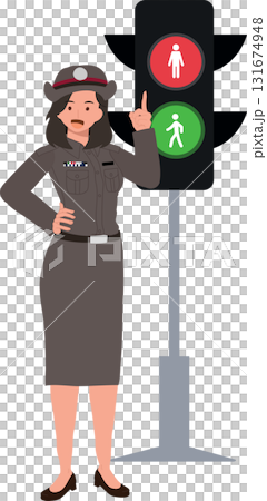 female police officer managing traffic with pedestrian signal for road safety. female police officer managing traffic with pedestrian signal for road safety. 131674948