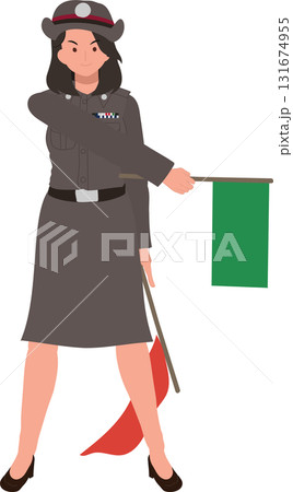 thai policewoman directing traffic with green flag illustration showing female officer in uniform maintaining road safety in thailand 131674955