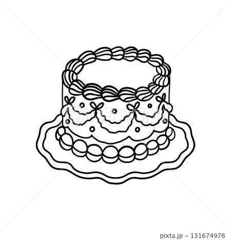 Vintage cake on a decorative plate. Hand drawn illustration in line style. Vintage cake on a decorative plate. Hand drawn illustration in line style. 131674976