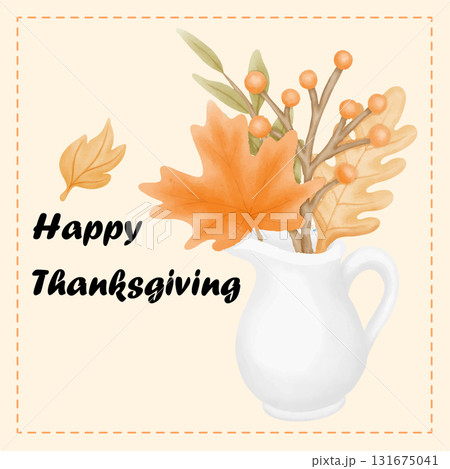 Thanksgiving set watercolor design with roasted turkey pumpkin and autumn leaves card 131675041