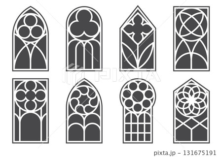 Gothic church window frames. Cathedral architecture elements. Medieval castle vintage stained glass arches. Catholic interior decoration on white background. Door shapes with pattern. Vector Gothic church window frames. Cathedral architecture elements. Medieval castle vintage stained glass arches. Catholic interior decoration on white background. Door shapes with pattern. Vector 131675191