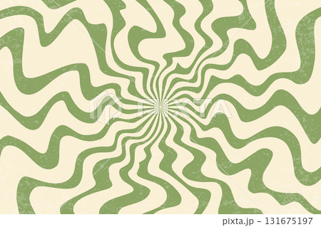 Groovy retro background with pattern of spiral psychedelic green wavy rays. 70s abstract swirl vector sunburst design. Vintage funky radial hippie poster. Striped playful circular bg Groovy retro background with pattern of spiral psychedelic green wavy rays. 70s abstract swirl vector sunburst design. Vintage funky radial hippie poster. Striped playful circular bg 131675197