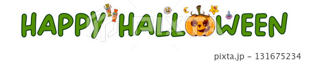 Funny cartoon pumpkin and green Happy Halloween text for a wide banner. Happy halloween wide banner with cartoon funky pumpkin and greeting green text 131675234