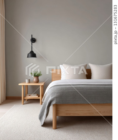 Serene minimalist bedroom interior with modern wood furniture. calm and peaceful home decor creates tranquil space, perfect for relaxing and comfortable living at home Serene minimalist bedroom interior with modern wood furniture. calm and peaceful home decor creates tranquil space, perfect for relaxing and comfortable living at home 131675283