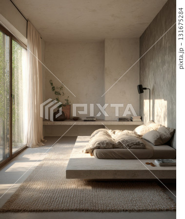 Peaceful minimalist bedroom interior with low bed. modern home design features tranquil room with natural light from large window, creating calm and cozy atmosphere Peaceful minimalist bedroom interior with low bed. modern home design features tranquil room with natural light from large window, creating calm and cozy atmosphere 131675284