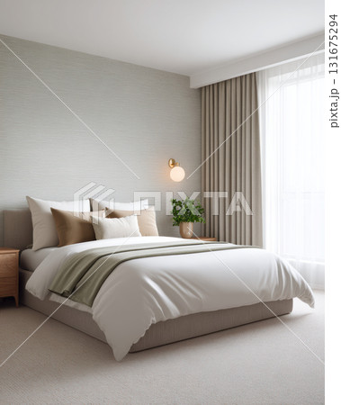 Serene minimalist bedroom interior with cozy bed, pillows, and duvet. modern lamp on nightstand next to window with curtain creates peaceful and restful ambiance 131675294