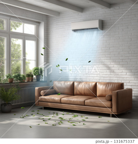 Modern living room with tan leather sofa feels comfortable and fresh. air conditioner blows cool air with green leaf, creating relaxing indoor atmosphere and climate control 131675337