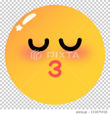 Kiss emoji shy face blushing cheeks closed eyes yellow background round shape cute expression digital illustration emotive happiness 131675416