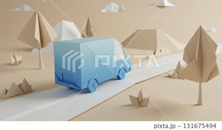 折り紙風デザインの軽バン。街中を走る配送車の立体イラスト 131675494