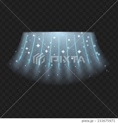 Cold air flow with snow, vector blue arrows showing wind direction of air movement, frozen blur stream with snowflakes 131675971