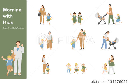 保育園・幼稚園に登園する親子のイラストセット（朝の支度・登園シーン） 131676031