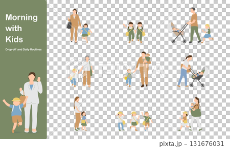 保育園・幼稚園に登園する親子のイラストセット（朝の支度・登園シーン） 131676031