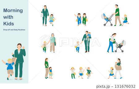保育園・幼稚園の送迎イラストセット(朝のルーティンと親子の登園シーン) 保育園・幼稚園の送迎イラストセット(朝のルーティンと親子の登園シーン) 131676032