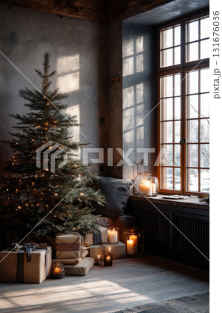 Cozy-style Christmas decoration with a Christmas tree Cozy-style Christmas decoration with a Christmas tree 131676036