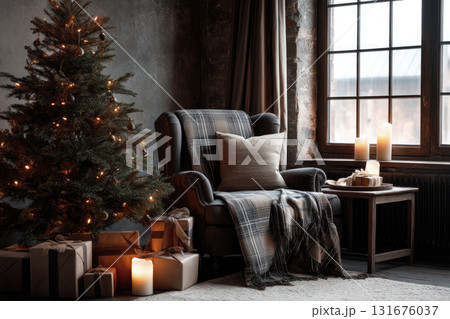 Cozy-style Christmas decoration with a Christmas tree 131676037