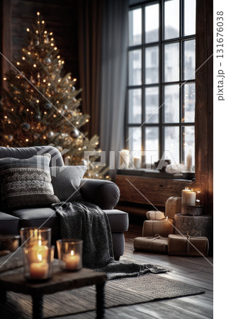 Cozy-style Christmas decoration with a Christmas tree 131676038