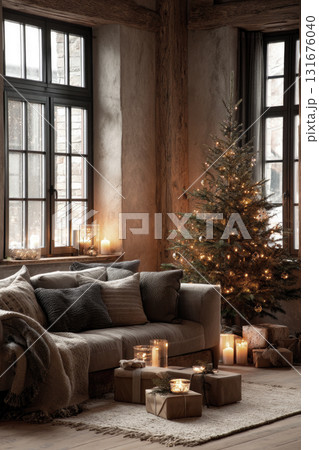 Cozy-style Christmas decoration with a Christmas tree Cozy-style Christmas decoration with a Christmas tree 131676040
