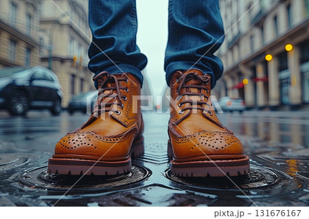 Close Up Of Brown Leather Boots On Wet Street Close Up Of Brown Leather Boots On Wet Street 131676167